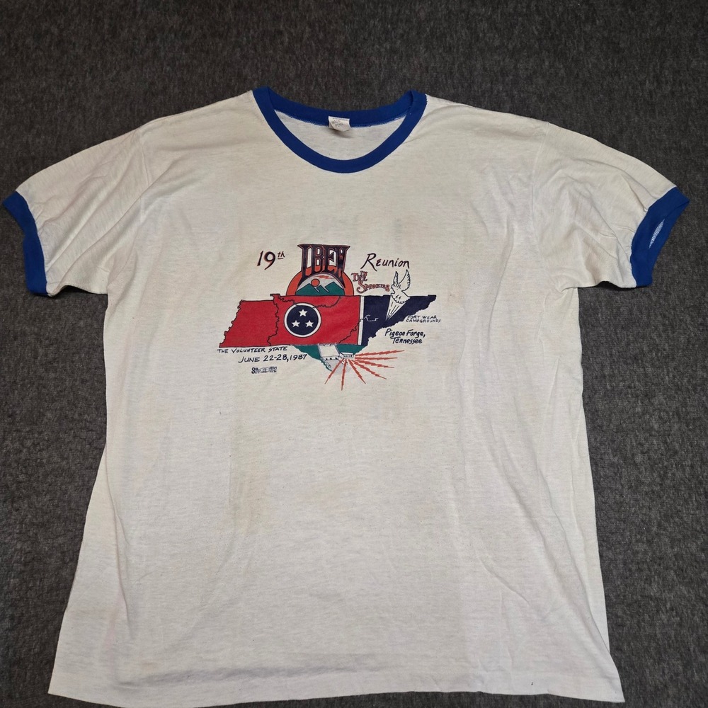 VTG 80s Paper Thin Ringer T Shirt Mens 2XL White 1987 Reunion Tennessee Smokies